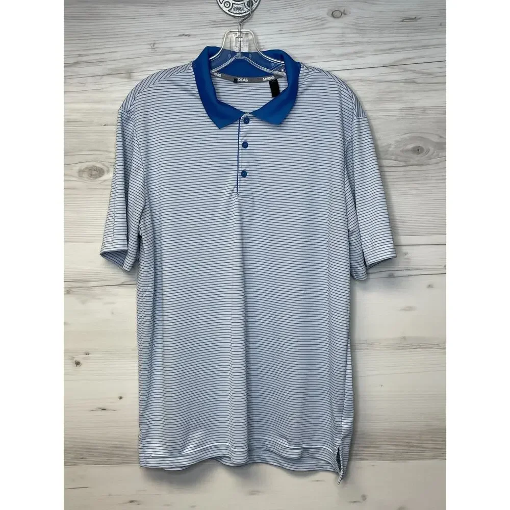 Adidas Mens Polo Shirt Size L Blue Striped Short Sleeve Performance‎ Golf